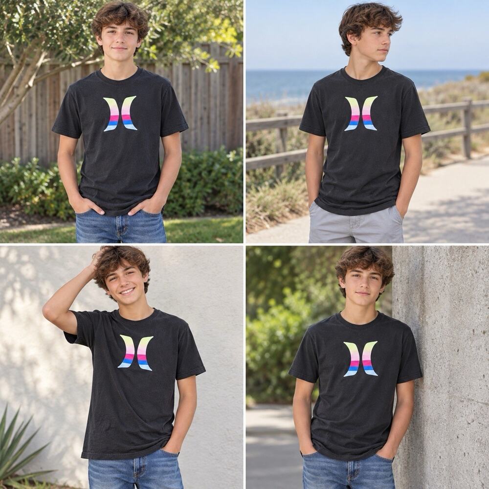 Hurley T Shirt Boys Youth 18/20 Black Multicolor Gradient Logo Surf Skate Tee
